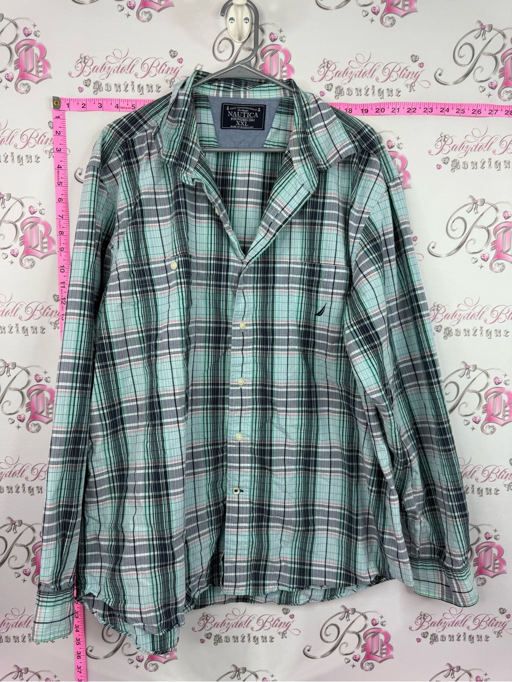 Nautica Men's Plaid Button-Up Shirt in Mint Green, Black & White